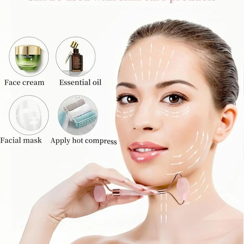 Woman using a rose quartz face roller on her jawline with instructional arrows and skincare product icons.