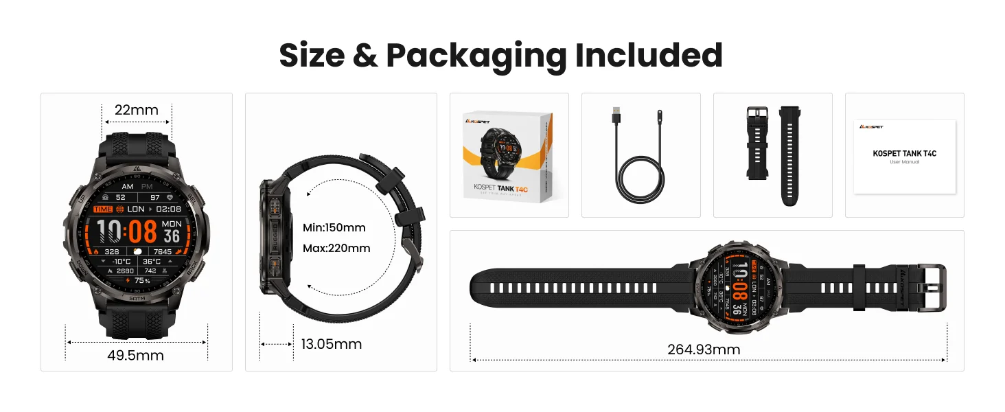 KOSPET TANK T4C Smartwatch Men’s Outdoor Rugged Watch with Flashlight Dual‑Band GPS 50M Waterproof Fitness & Health Tracker