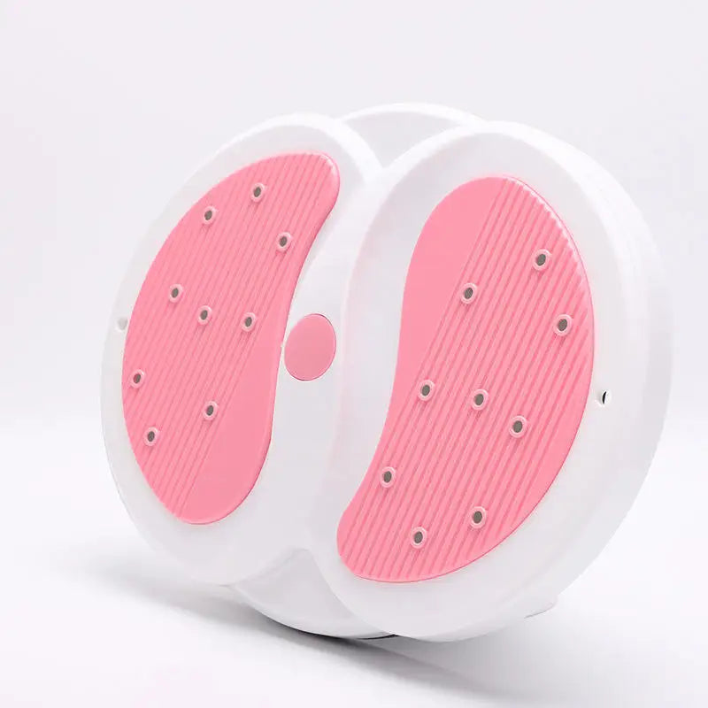 Circular white plastic waist twisting disc with two pink, textured foot pads for fitness and core exercise.