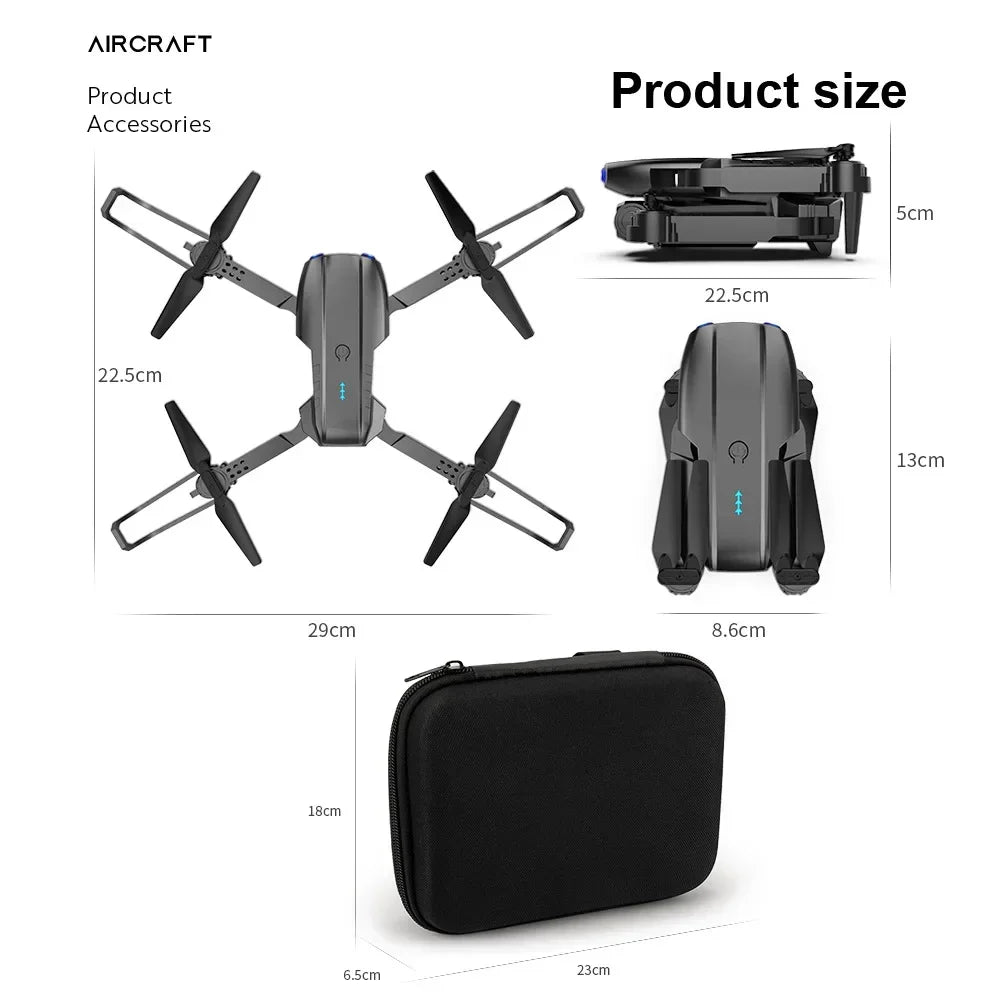 Foldable dark grey quadcopter drone with propeller guards and a black zippered carrying case, showing dimensions.