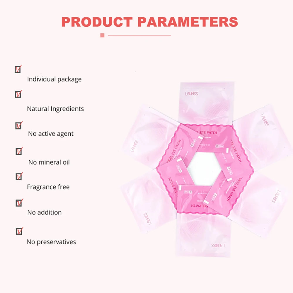 Pink individually packaged eyelash under-eye gel patches for eyelash extensions, arranged in a floral pattern.