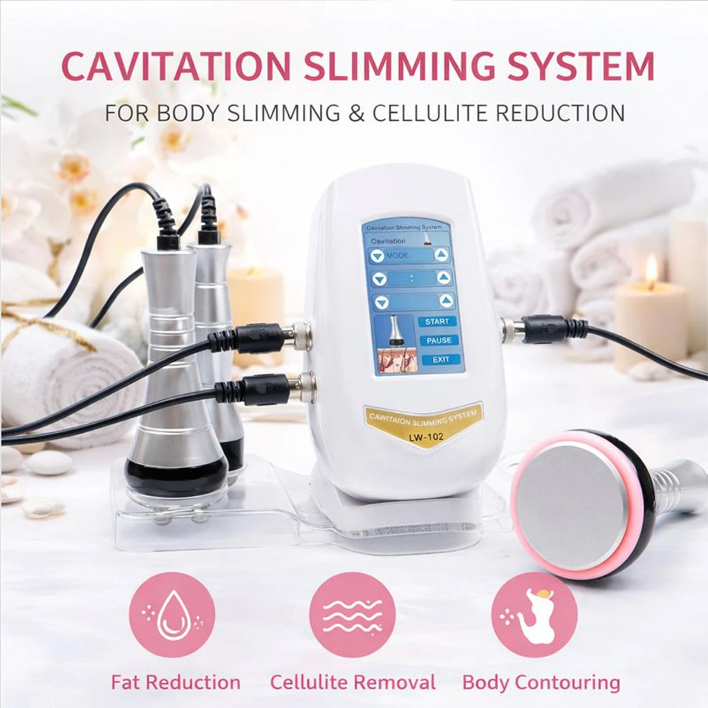 White BEEMY ultrasonic cavitation slimming machine with digital display, silver wands, and connecting black cables.