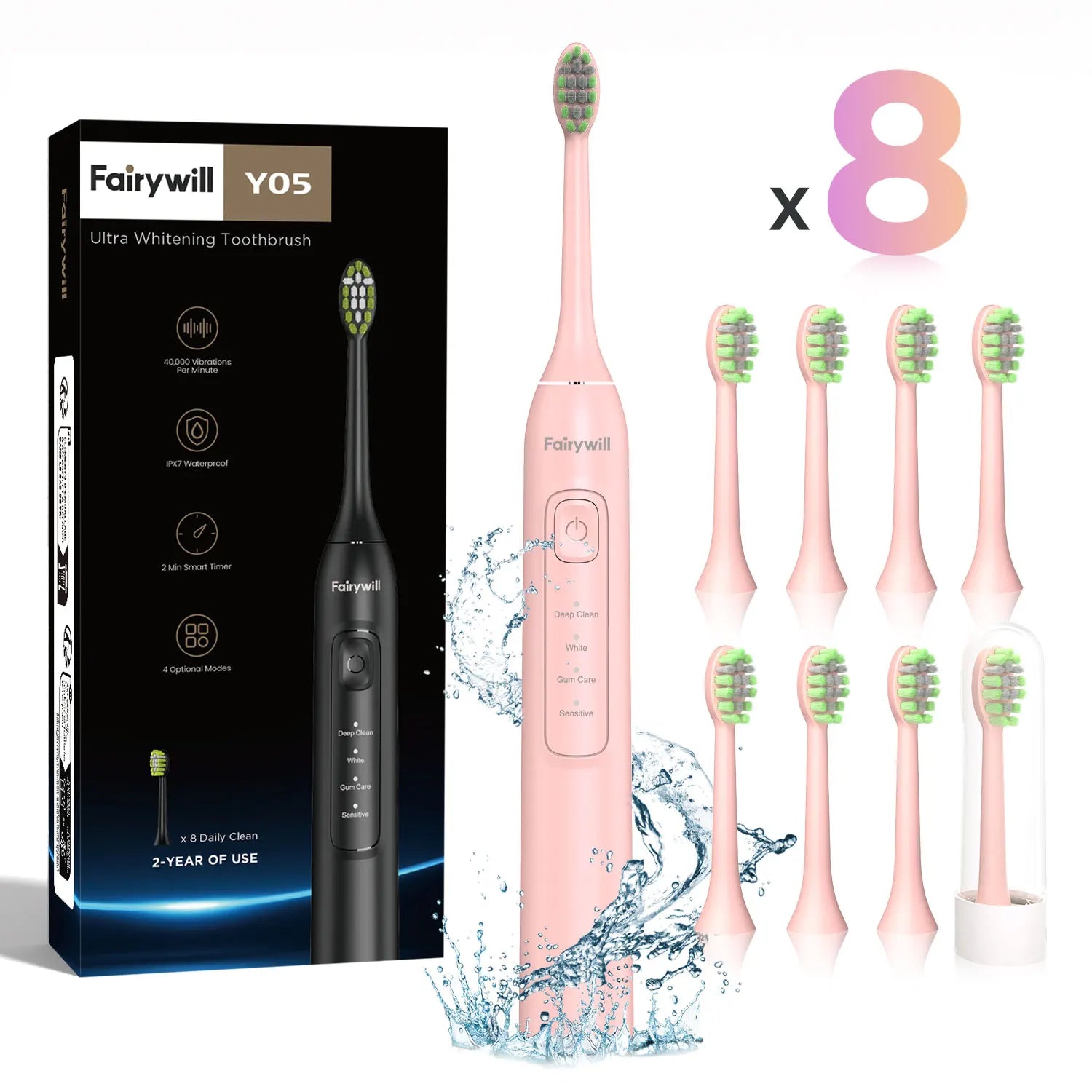 Fairywill Electric Sonic Toothbrush FW-Y05 USB Charge Rechargeable Adult Waterproof Electronic Tooth Brushes Replacement Heads