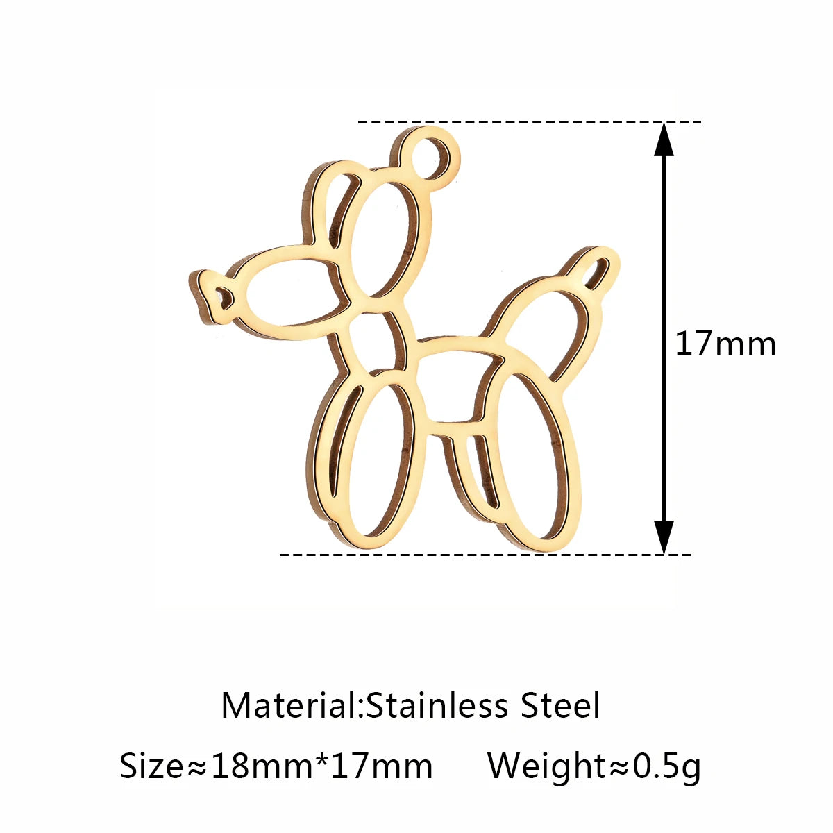 Gold stainless steel balloon dog charm for DIY pet-themed jewelry, necklaces, and bracelets, 18x17mm size.