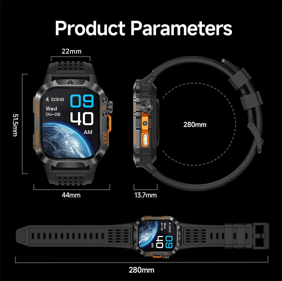 New 1200 mAh Battery Rugged Military Smartwatch Men 5ATM Waterproof Fitness Tracker Health Monitor 100+Sports Call Smart Watches