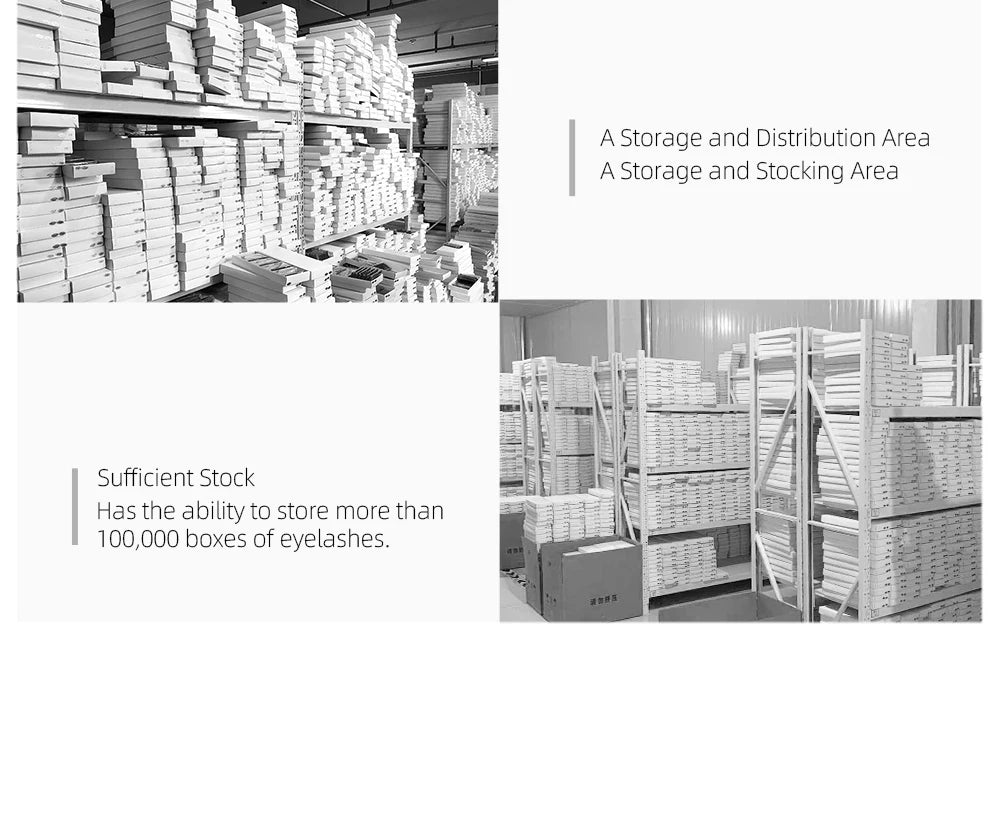 Warehouse shelves stacked with white rectangular boxes for eyelash storage.