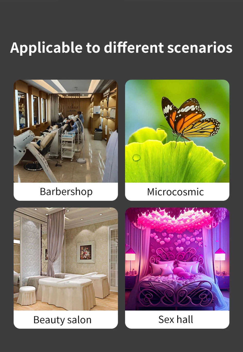 Collage showing a LED lamp used in a barbershop, nature photography, beauty salon, and bedroom for ambient lighting.