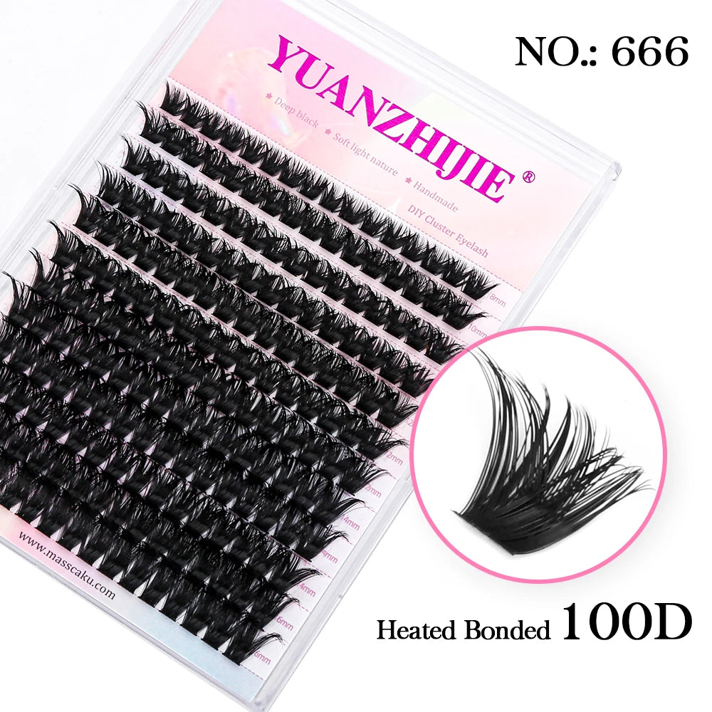 Tray of black, heat-bonded 100D individual eyelash clusters for DIY lash extensions.