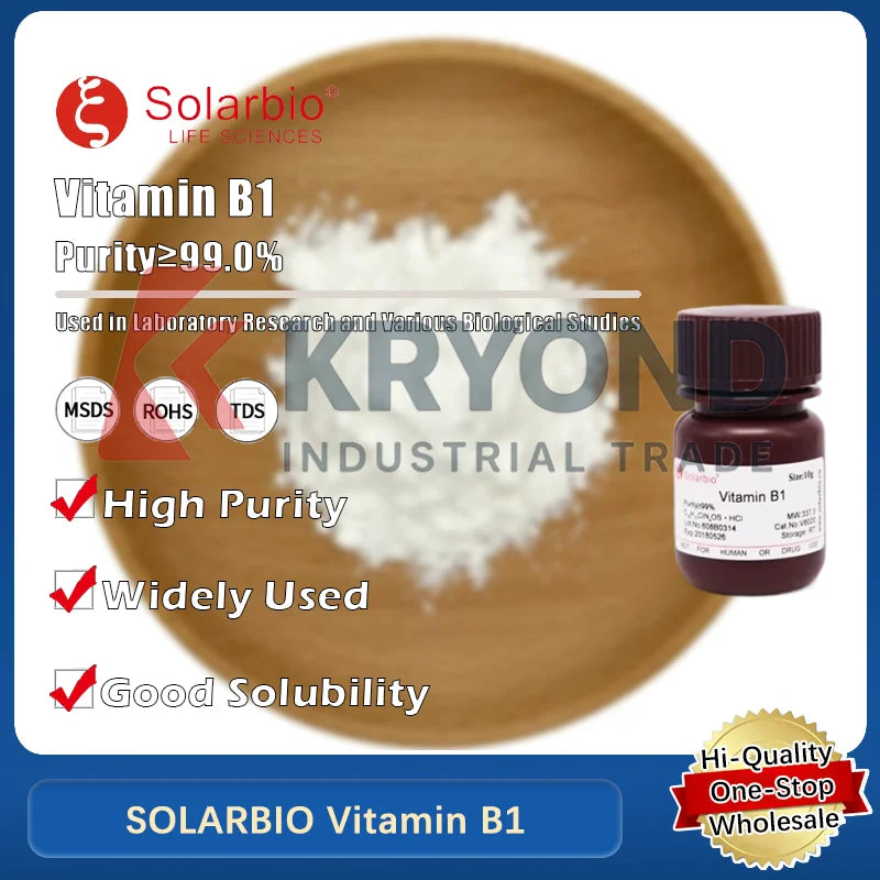 Solarbio Vitamin B1 Thiamine powder for laboratory and nutritional use, high purity, 99 percent, sold by Tidesmit.