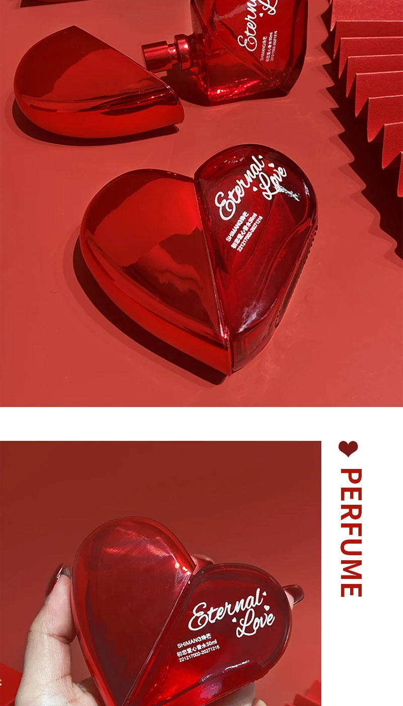 Shimang Eternal Love EDP for women: red heart-shaped perfume bottle, long-lasting fresh floral vegan scent spray.