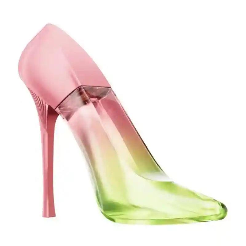 50ml women's luxury musk perfume in a pink-to-green gradient high heel glass bottle. Elegant, long-lasting fragrance.
