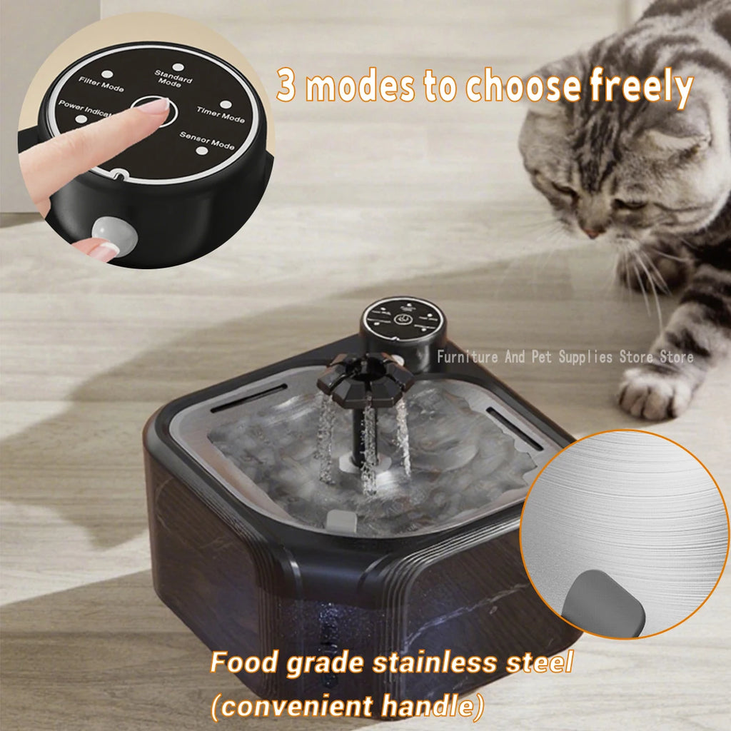 Wireless 2.8L stainless steel cat water fountain with 3 smart modes and infrared sensor for fresh, automatic hydration.