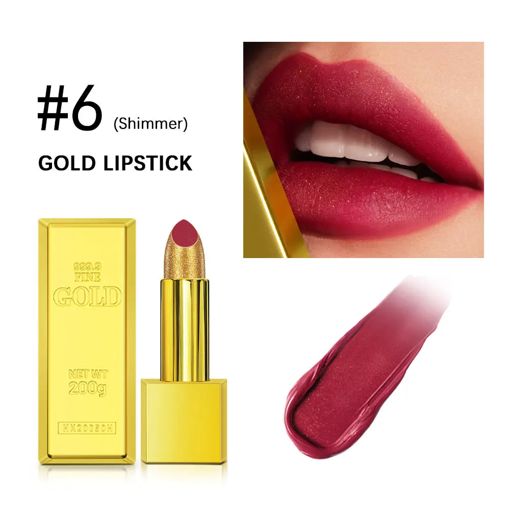 Gold brick tube lipstick with shimmer berry shade and glitter texture, shown on lips with a smooth color swatch.