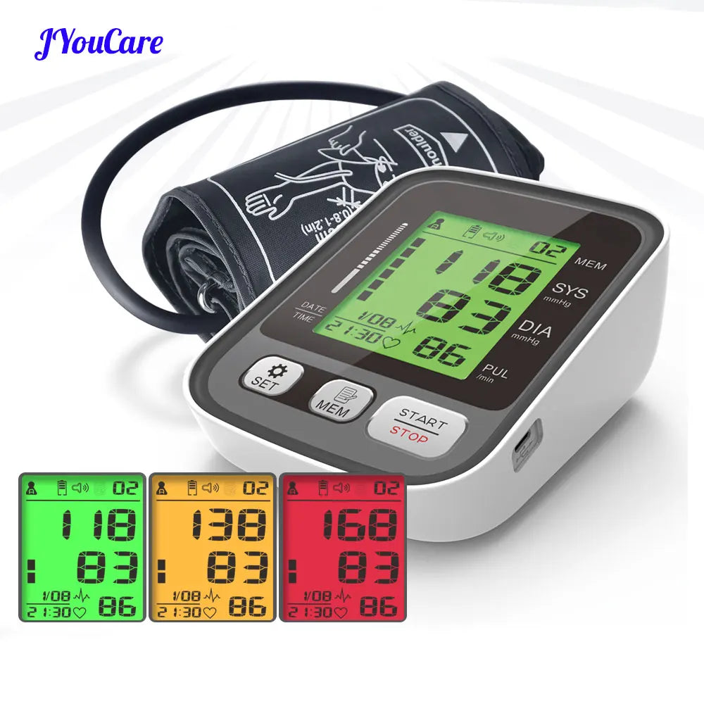 JYouCare Medical Digital Lcd Upper Arm Blood Pressure Monitor cuffs Home Heart rate Meter Tonometers Large cuff Voice Automatic