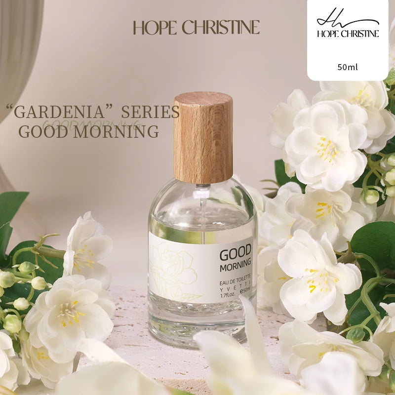 Hope Christine Gardenia niche perfume, 50ml glass bottle with wooden cap, elegant fresh floral scent, white flower decor.