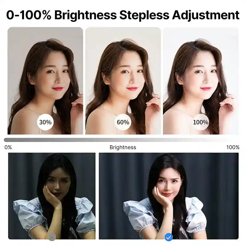 Adjustable LED ring light showing stepless 0-100% brightness levels for portrait photography and video lighting.