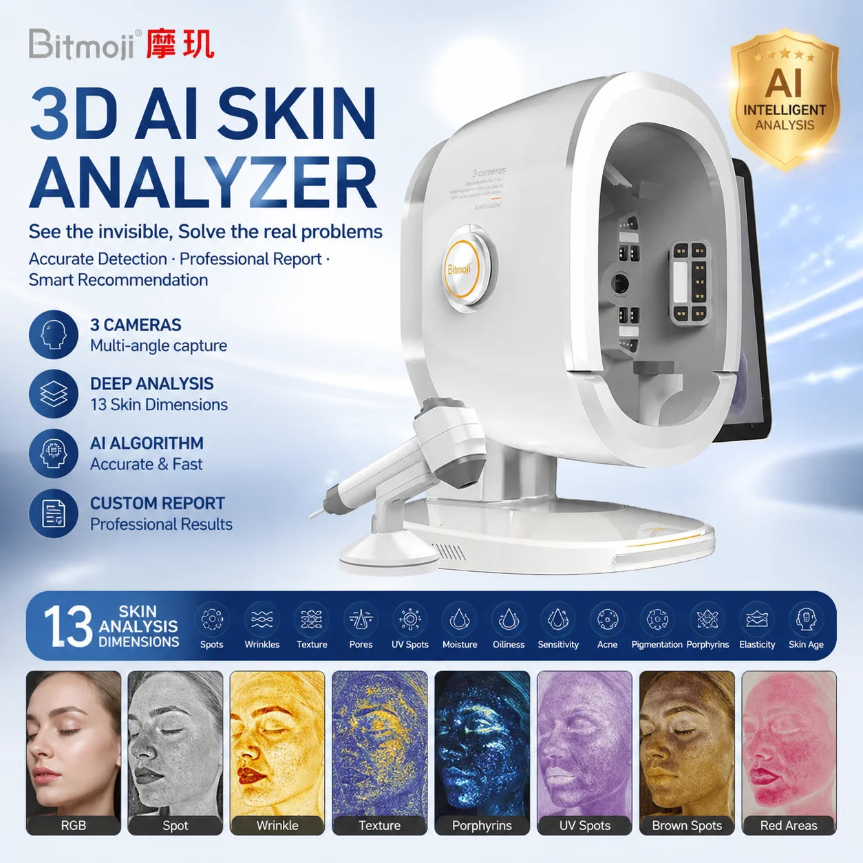 Newest AI-Powered Facial Skin Analysis Instrument Facial Tester Scanner Skin Analyzer Smart Intelligent Skin Analysis Machine