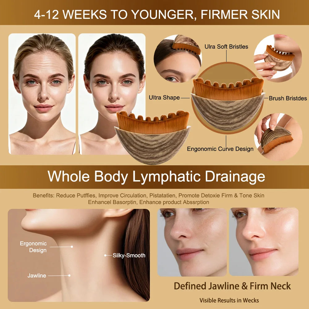 Curved face brush with soft brown bristles and a textured wood-look handle, shown in use on the face and neck.