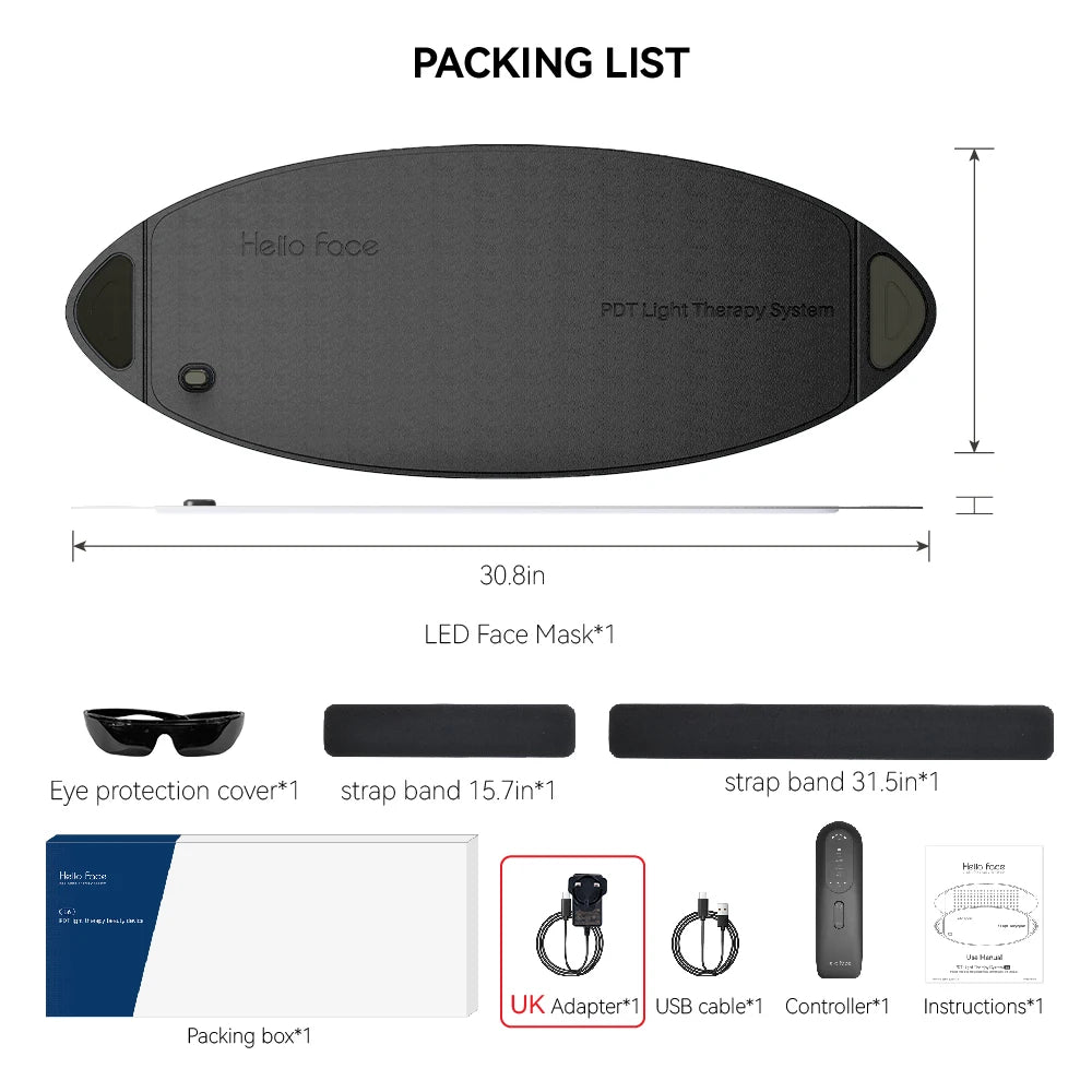 LED face mask kit with black oval panel, two strap bands, protective eyewear, controller, USB cable, and UK adapter.
