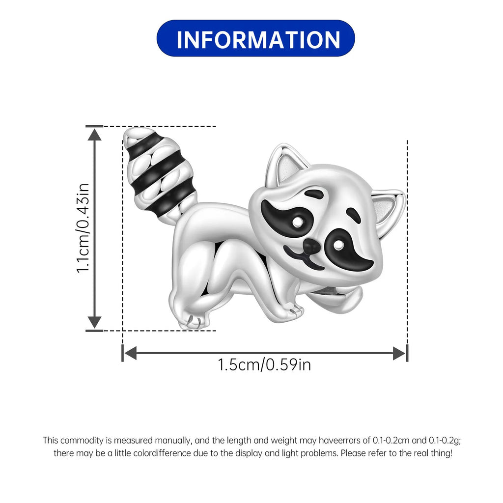 925 Sterling Silver Raccoon Charm Bead for Bracelet. Cute animal jewelry gift, 1.5cm wide, perfect for DIY charms.