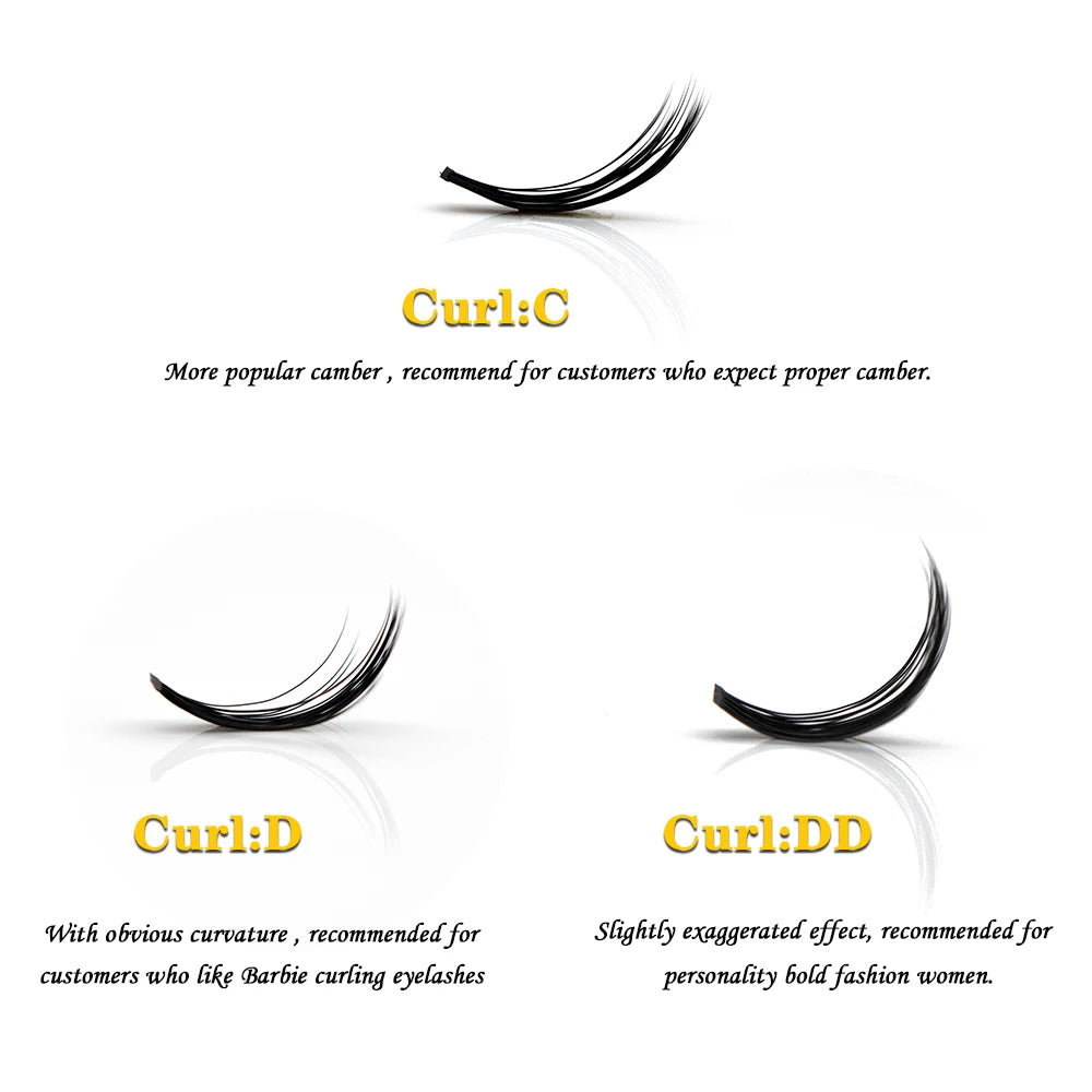 Black mink individual eyelash clusters showing C, D, and DD curl types for different volume and styling effects.