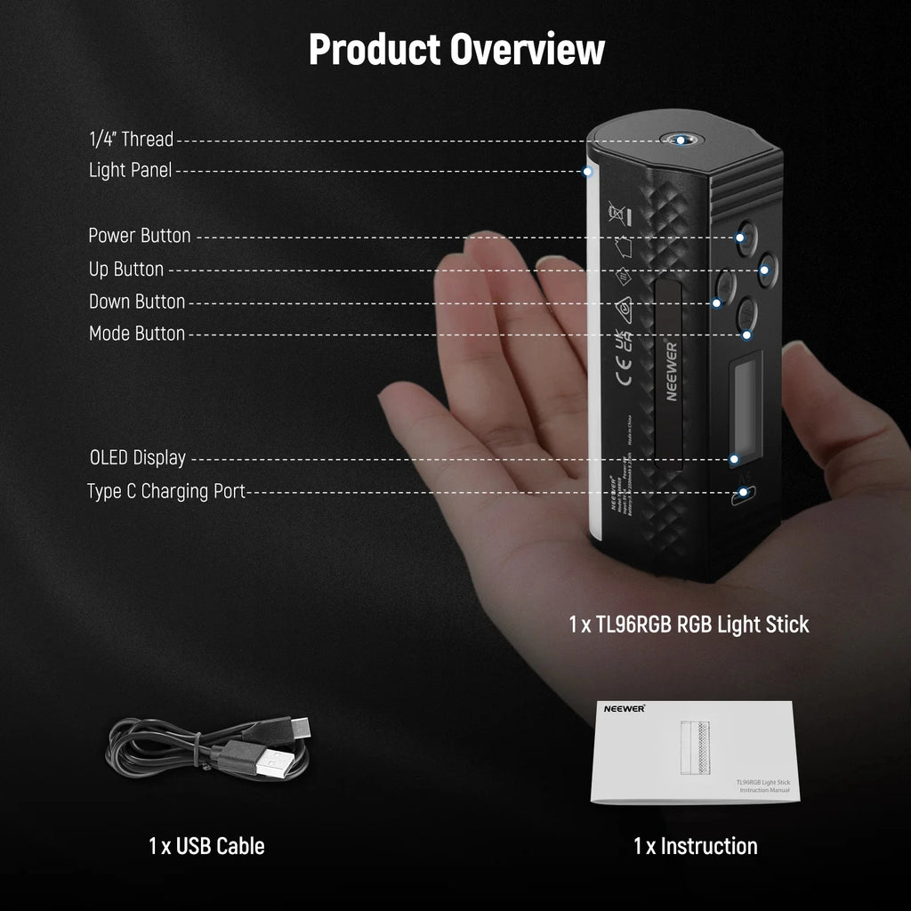 TL96RGB compact black LED light stick with controls, OLED display, tripod thread, USB cable, and manual.