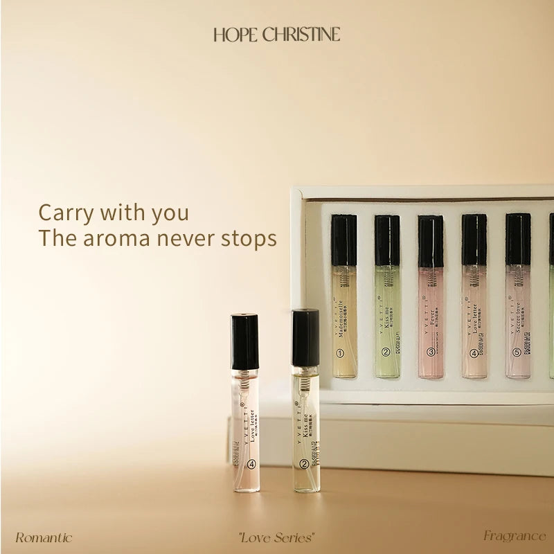 HOPE CHRISTINE Love Series 6pc EDT perfume gift set. Slim glass vials, long-lasting romantic fragrances for women.