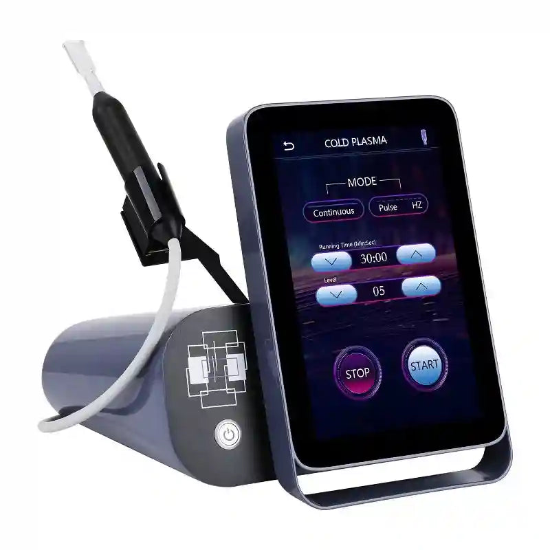Cold plasma facial machine with touchscreen interface, handheld pen, and settings for acne and anti-aging skin repair.