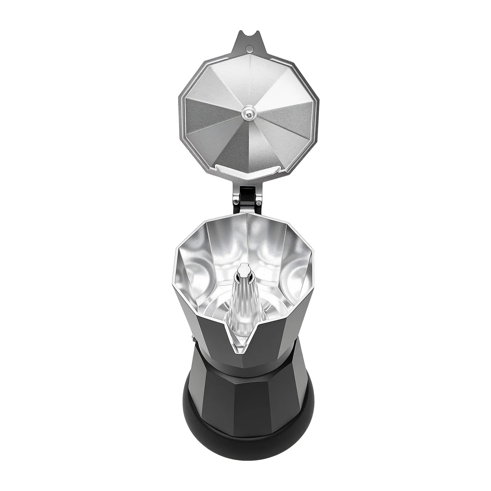Open black and silver aluminum moka pot espresso maker viewed from above, showing octagonal base and hinged lid.