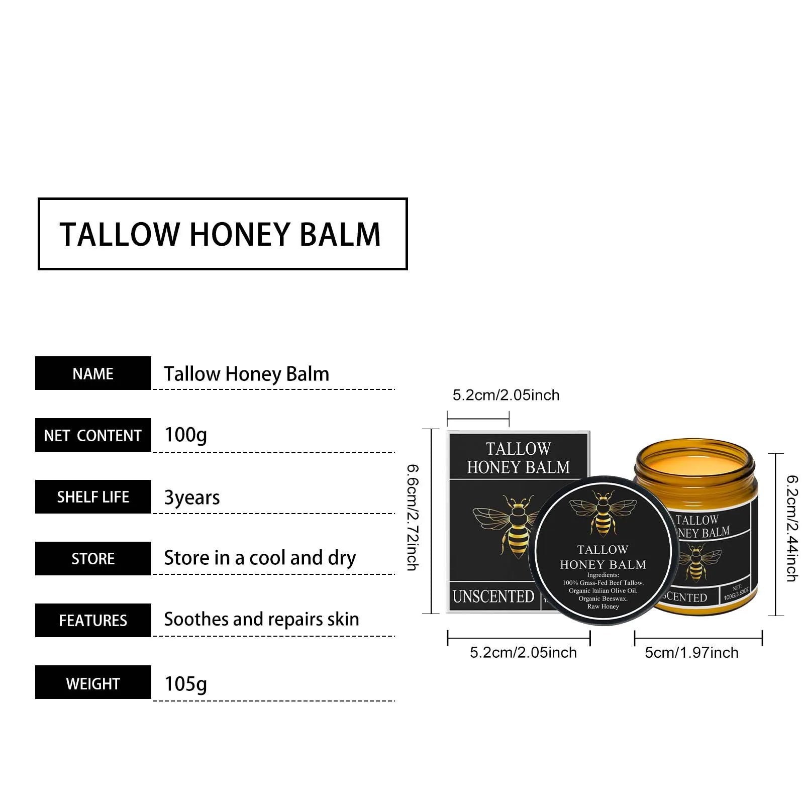 Organic Grass-Fed Beef Tallow Balm With Honey Soothen Nourishing Dry Skin Improves Elasticity Moisturizing Cream For Soft Smooth
