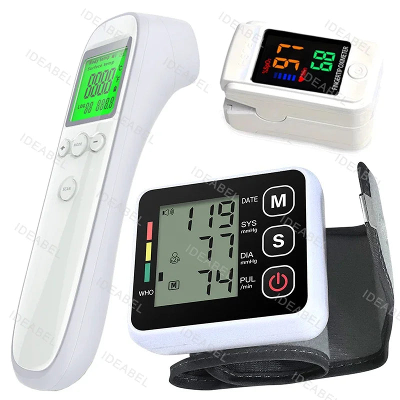 Digital Blood Pressure Monitor Wrist Tensiometer Electronic Sphygmomanometer Tonometer with LCD Forehead Digital Thermometer
