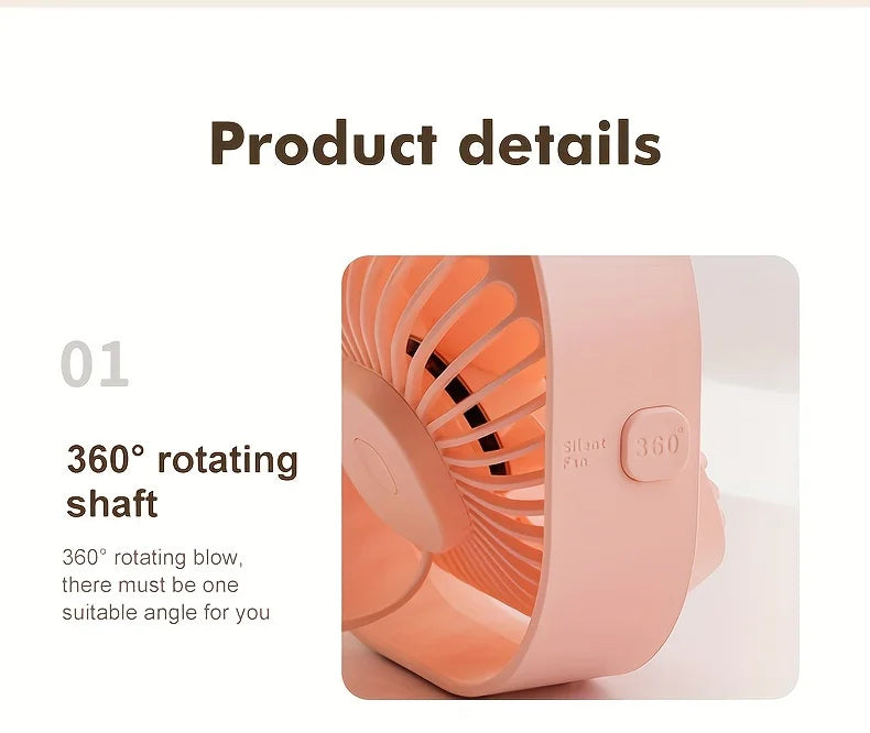 New Ultra-quiet Desk Fan, Suitable for Bedroom, Office, Library, Three Wind Speeds, 360° Rotation, Low Noise, Portable Mini Fan