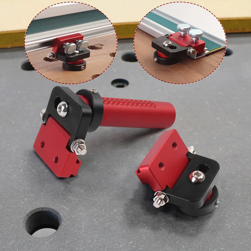 Adjustable track saw hinge dogs, red base with black clamp and bolts (pair)