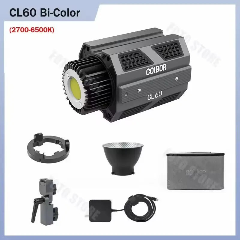 CL60 bi-color LED video light with reflector, mounting hardware, power adapter, and carry bag.