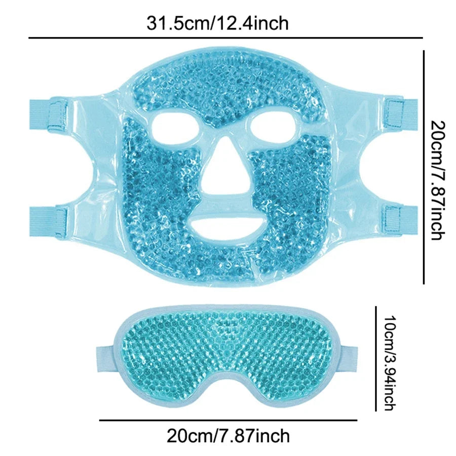 Light blue gel bead face mask and matching eye mask with measurement labels.