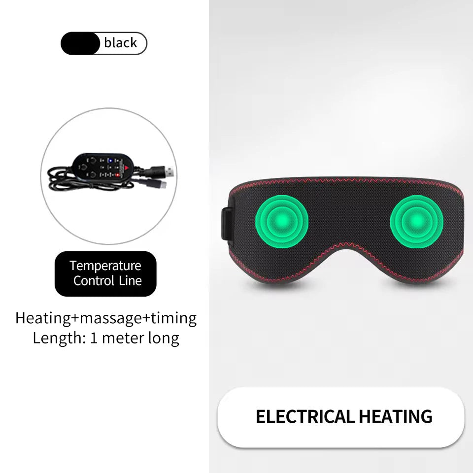 Black heated eye mask with red stitching, two glowing green massage zones, and a wired temperature control remote.