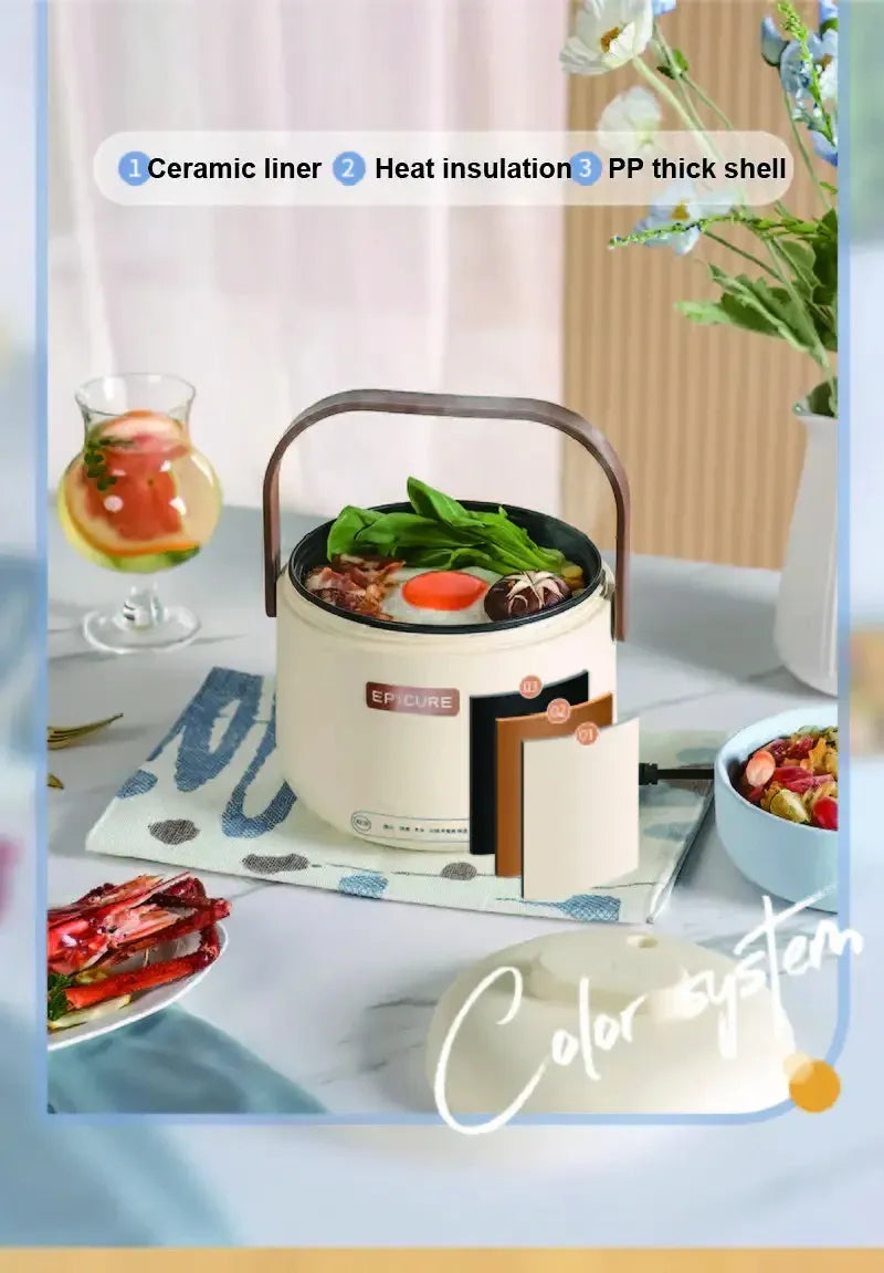 Cream rice cooker with insulated lid handle for heat retention and safe outer shell