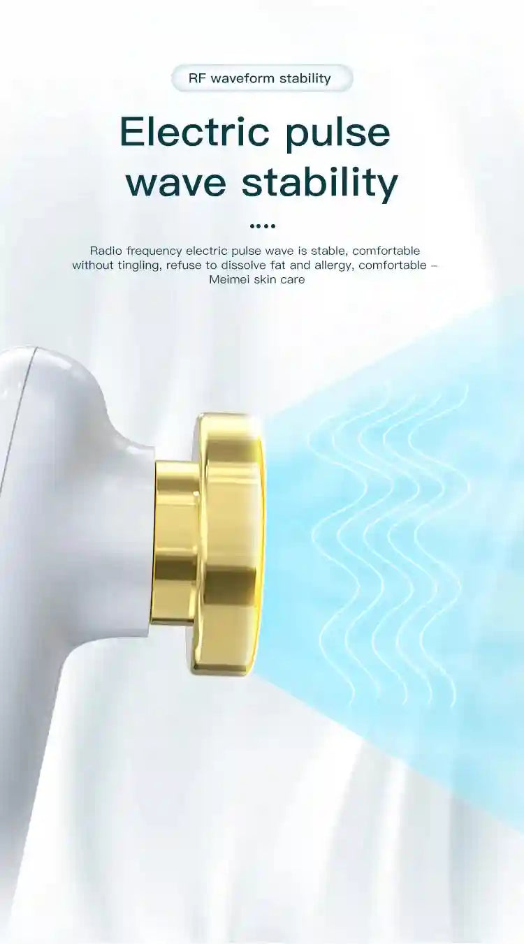 White and gold facial massager with a sleek handle, highlighting radio frequency wave stability.