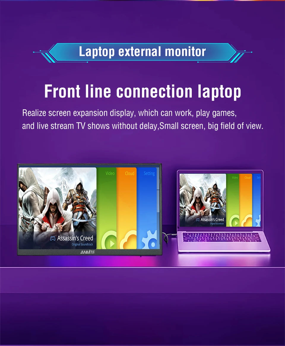 Anmite 18.5inch Portable Monitor 120Hz RGB100% With VESA Hole & Back bracket Laptop Extended Display ADS-IPS HDR Screen
