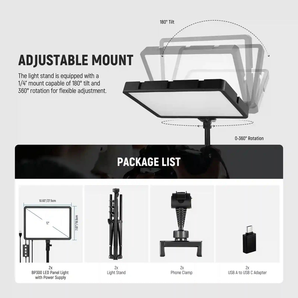BP300 LED panel light set with 180-degree tilt mount, foldable stands, phone clamps, and USB-C adapters.