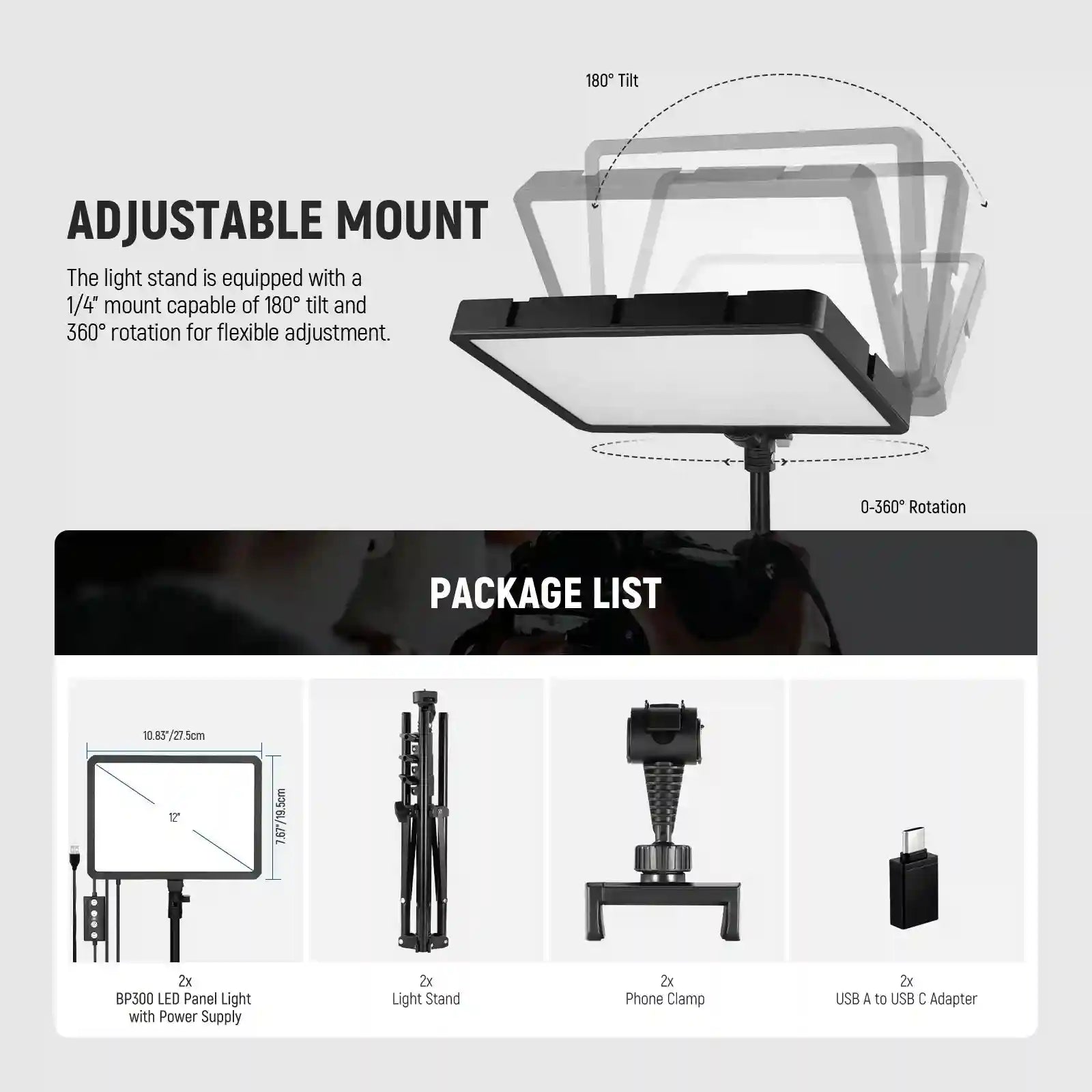 BP300 LED panel light set with 180-degree tilt mount, foldable stands, phone clamps, and USB-C adapters.
