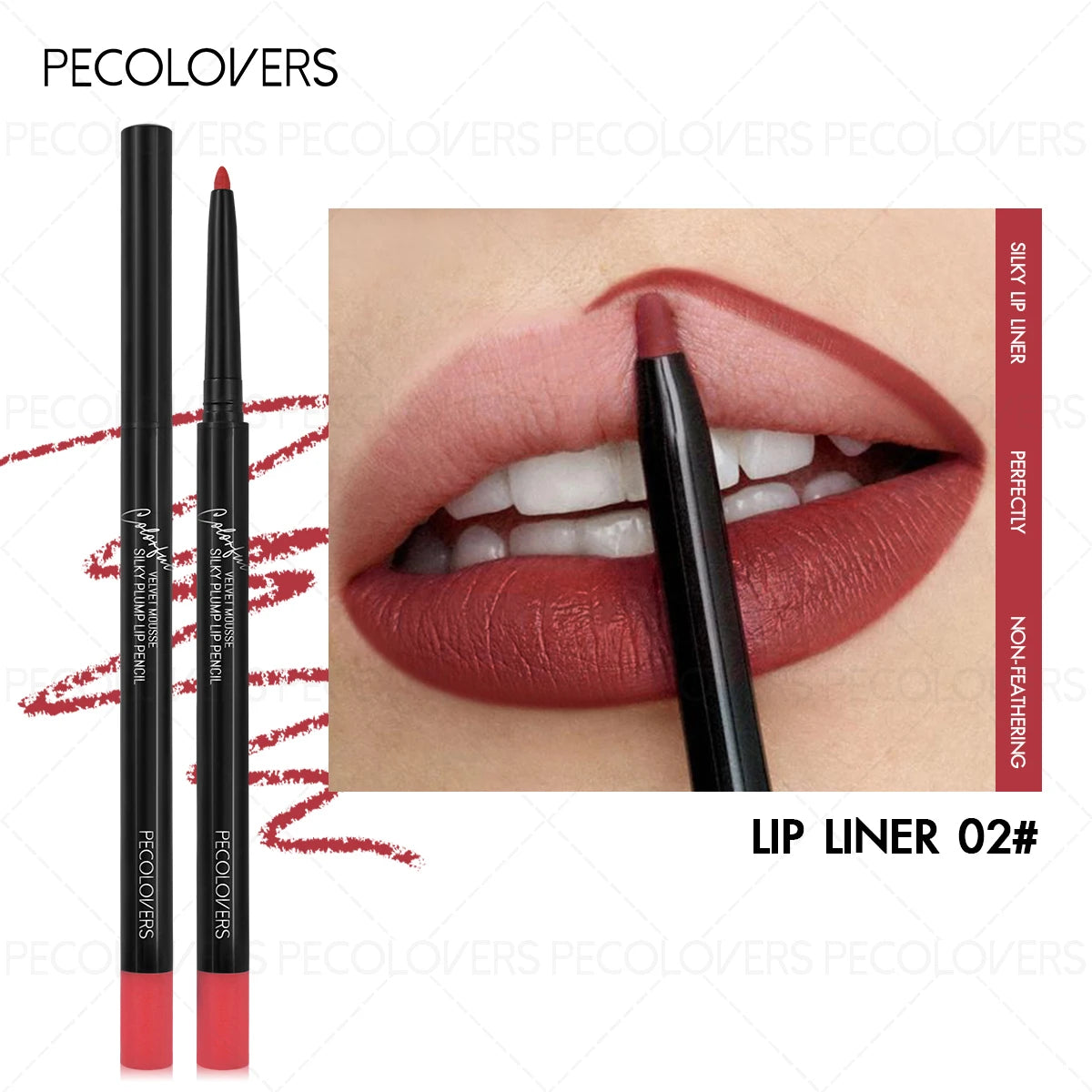 Waterproof matte lip liner pencil in shade 02, featuring a long-lasting, non-staining, velvety plum finish on lips.