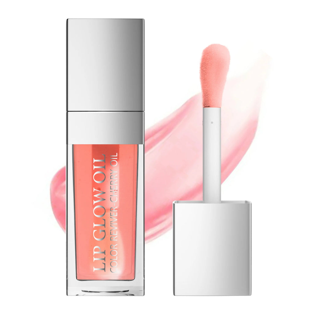 Crystal jelly moisturizing lip oil with glossy cherry tint, applicator, and hydrating plumping shine finish.