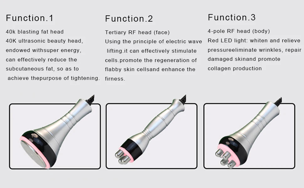 Three silver beauty device attachments: 40k ultrasonic head, 3-pin RF face head, and 4-pin RF body head with LED.