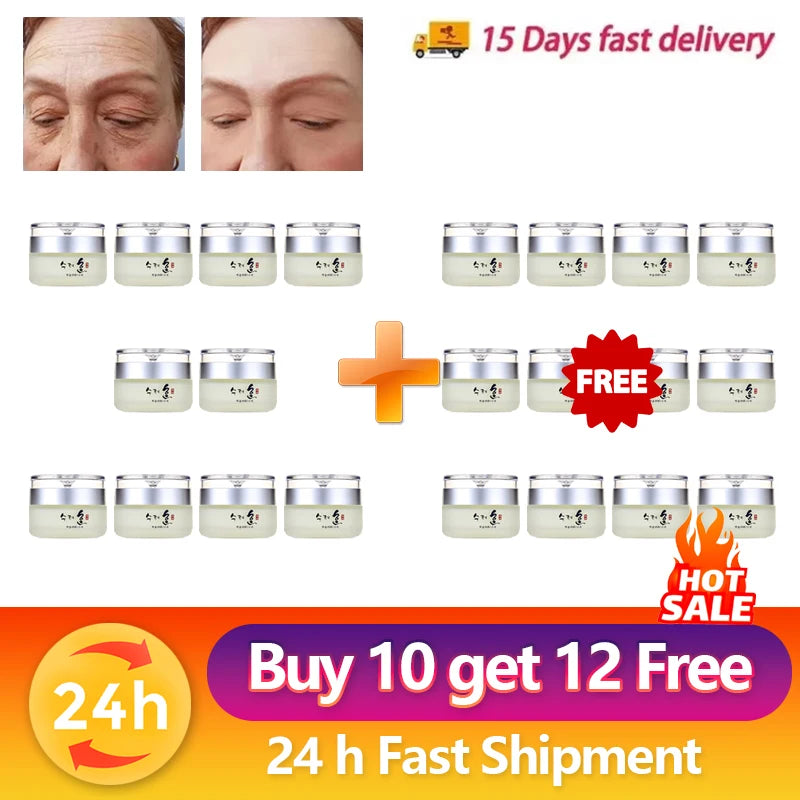 Jars of collagen anti-aging face cream, before-and-after facial results, "Buy 10 get 12 Free" offer, and hot sale text.