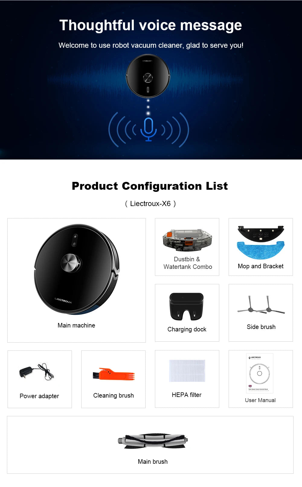 Tidesmit Liectroux LILIN X6 robot vacuum side view showing laser navigation and carpet cleaning floor mapping sensors