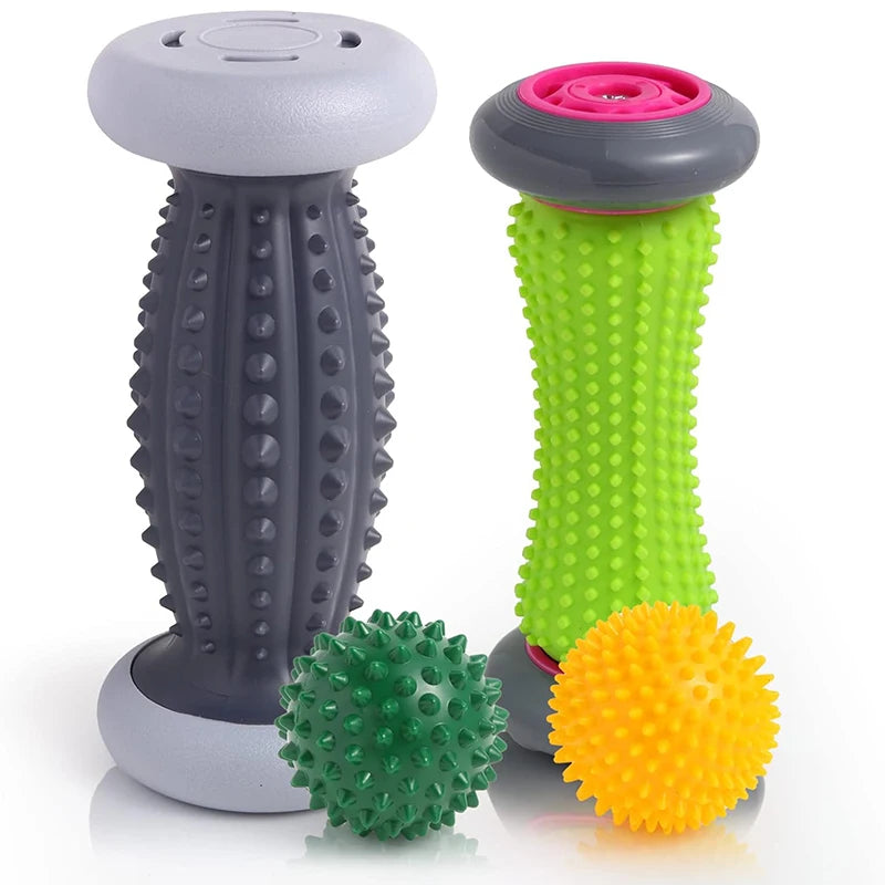 Two spiky massage rollers and two textured rubber balls in grey, green, yellow, and dark green for muscle relief.