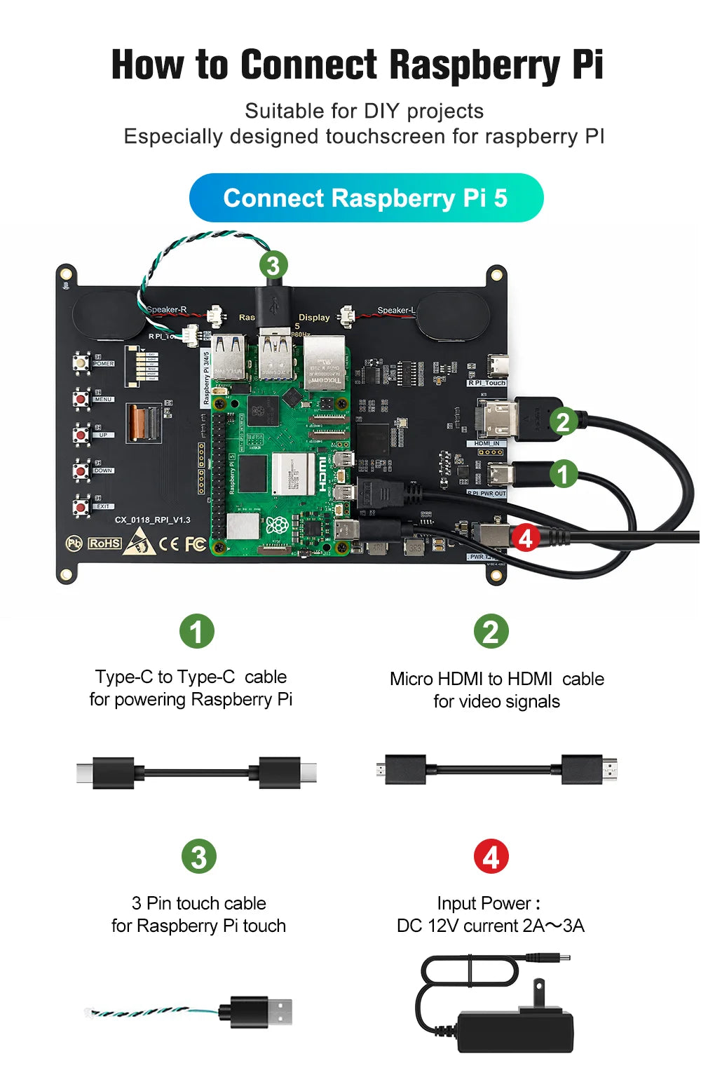 8 Inch Raspberry Pi Touch Monitor 1920×1200 IPS 10-Point Touch Screen Dual Speaker HDMI Display for Pi 5/4B/3B PC DIY Case 3D