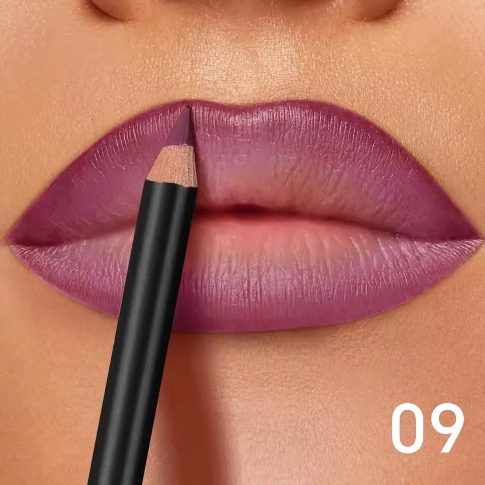 Long-lasting matte lip liner pencil applying a vibrant mauve-berry waterproof shade to defined lips.