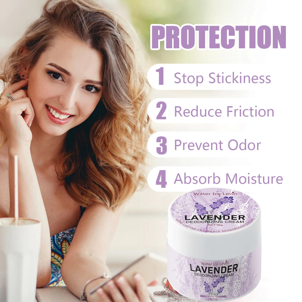 Lavender deodorizing cream in a white jar with floral print, moisturizing skin texture for long-lasting odor protection.